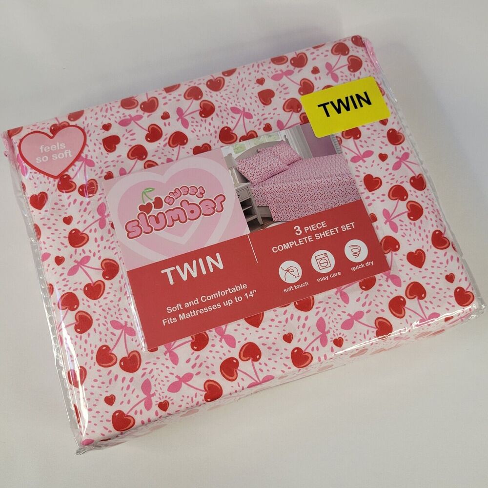 Valentines Day Cherries Red Pink Hearts 3pc TWIN Sheets Set Cherry Sweet Love